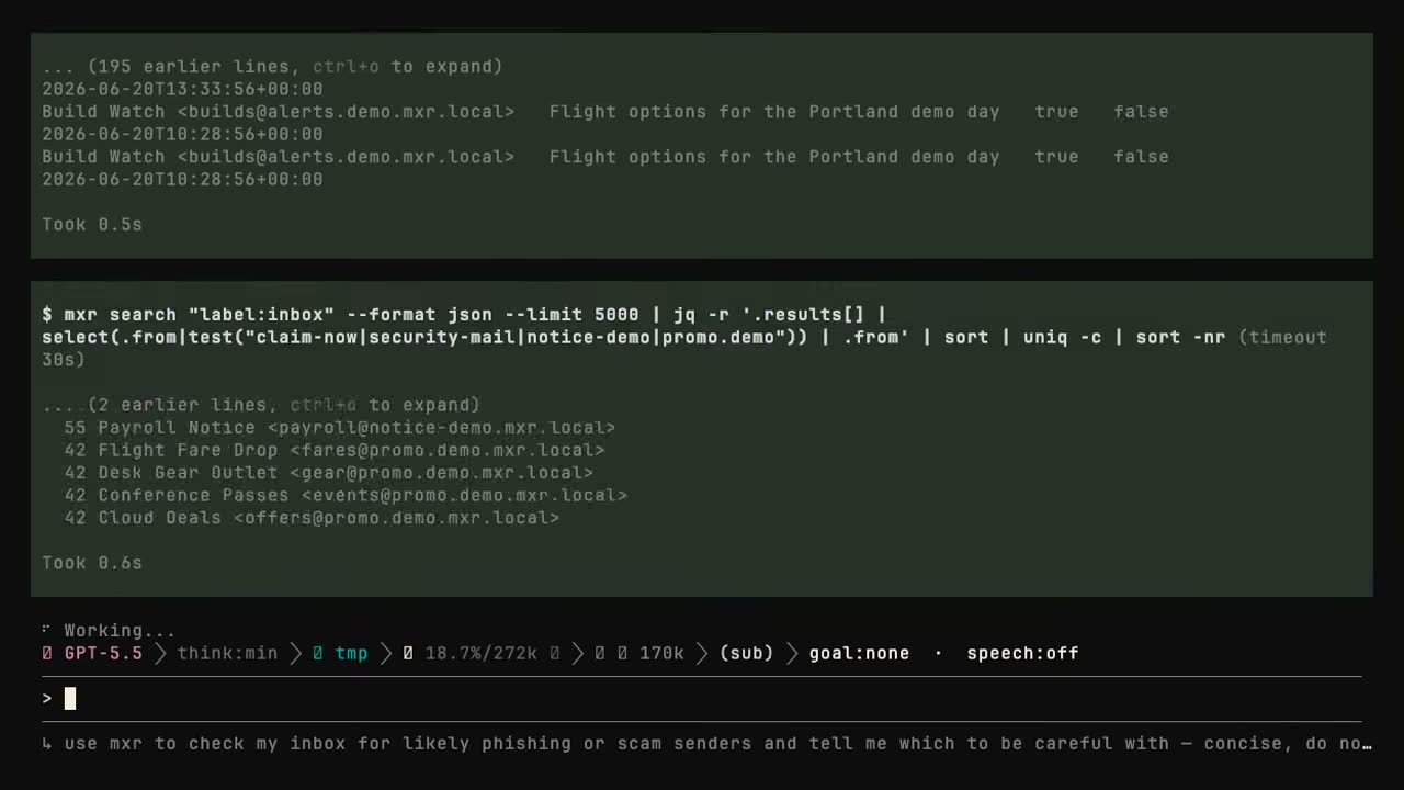 An AI agent driving mxr: composing mxr search and jq pipelines to find phishing senders in the inbox and reporting which to be careful with