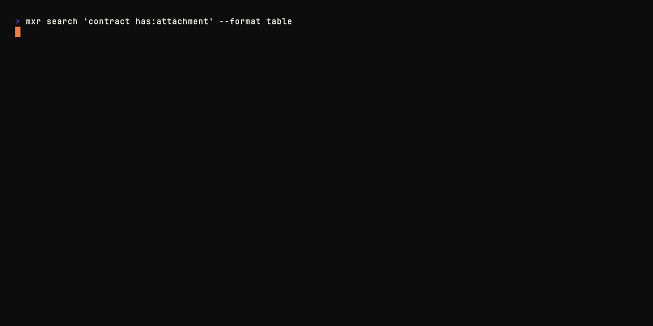 mxr CLI: instant full-text search across thousands of messages, piping JSON output to jq/sort/uniq to rank senders, and subscriptions by open rate