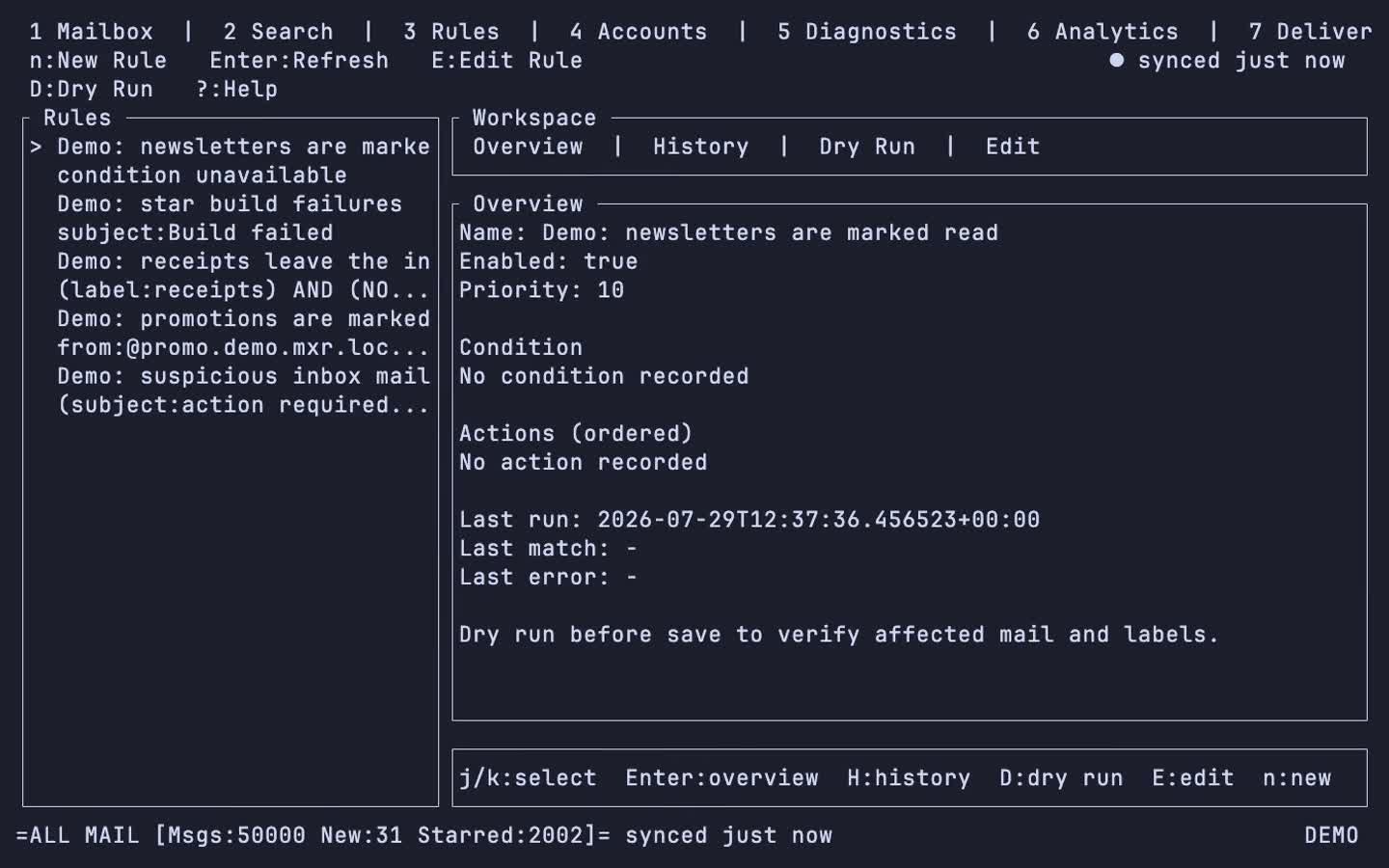 mxr TUI: keyboard-driven inbox with sidebar, full-index search, and the rules and accounts screens